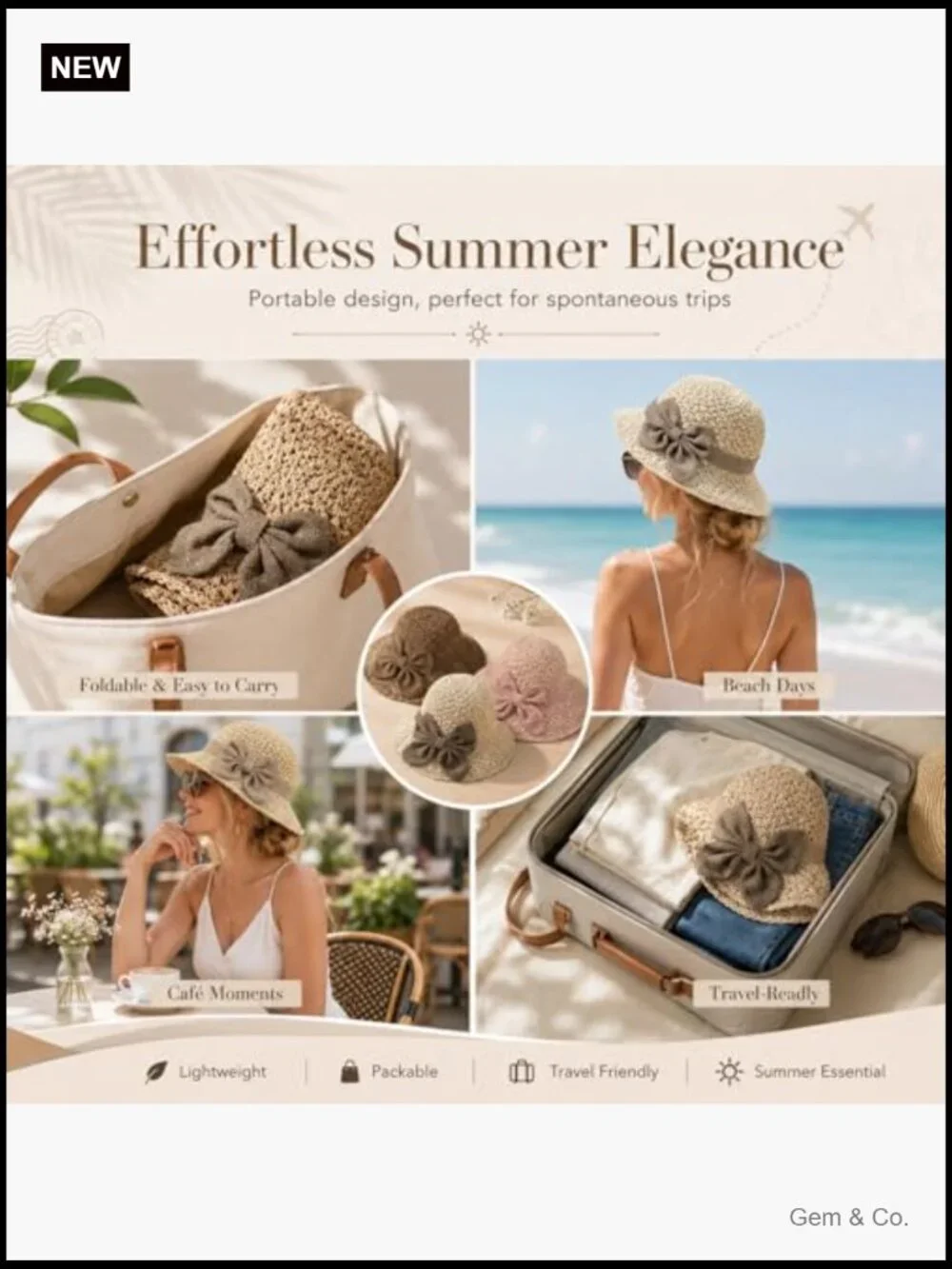 Woven Straw Sun Hat with Bow, Foldable Wide Brim Bucket Hat for Women